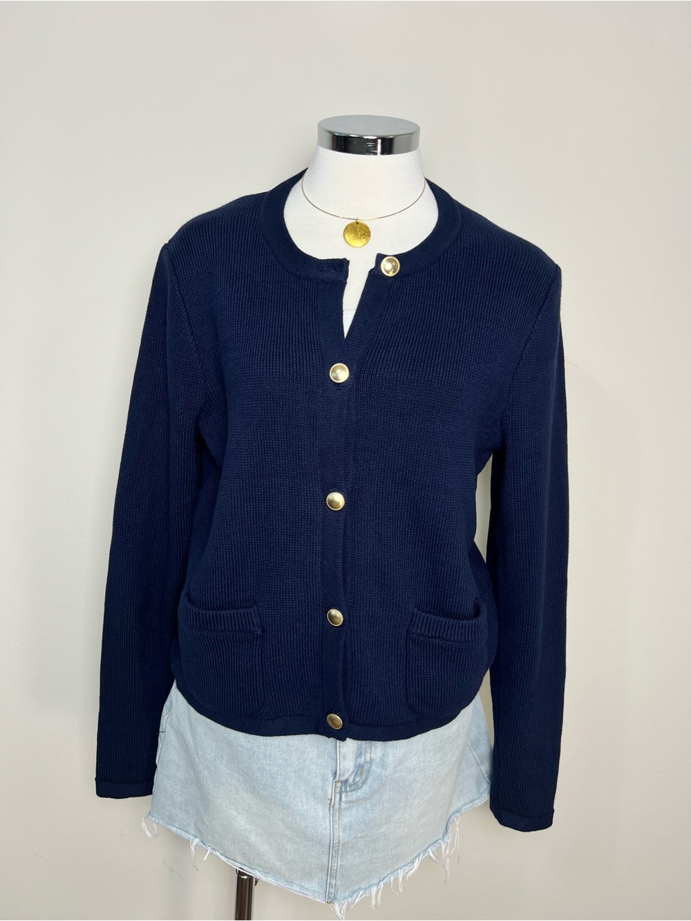 Quince Organic Cotton Sweater Jacket Navy Gold Button Cardigan Women's M NWT - Picture 2 of 11